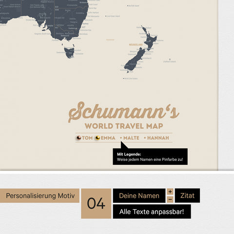 Pinnwand Leinwand einer Antarktis-Weltkarte in Navy Light mit personalisiertem Logo als Familiennamen