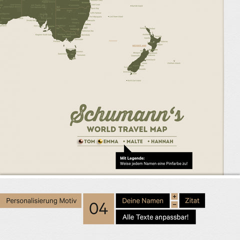 Pinnwand Leinwand einer Antarktis-Weltkarte in Grün mit personalisiertem Logo als Familiennamen