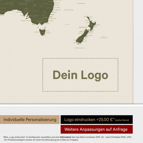 World Map ANTARCTICA® Push Pin Canvas (Pinboard) – Olive Green