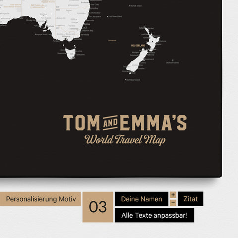 Personalisierte Weltkarte mit Antarktis als Pinn-Leinwand in der Farbe Schwarz-Weiss mit einer Personalisierung als Vintage-Logo