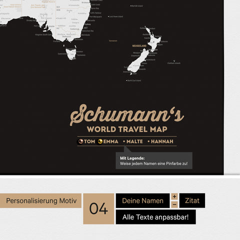 Pinnwand Leinwand einer Antarktis-Weltkarte in Schwarz-Weiss mit personalisiertem Logo als Familiennamen