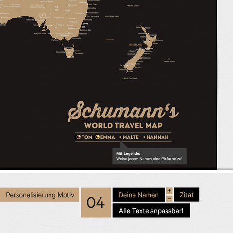 Pinnwand Leinwand einer Antarktis-Weltkarte in Sonar Black mit personalisiertem Logo als Familiennamen