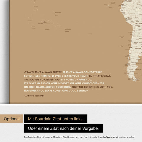 Personalisierbare Weltkarte mit Antarktis in Treasure Gold mit Zitat von Anthony Bourdain