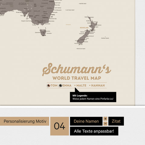 Pinnwand Leinwand einer Antarktis-Weltkarte in Warmgray (Braun-Grau) mit personalisiertem Logo als Familiennamen