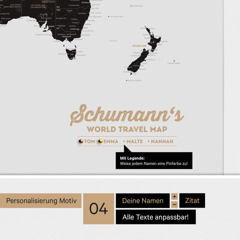 Pinnwand Leinwand einer Antarktis-Weltkarte in Light Black mit personalisiertem Logo als Familiennamen