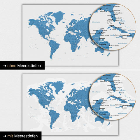 World map in blue color with two-dimensional sea depths
