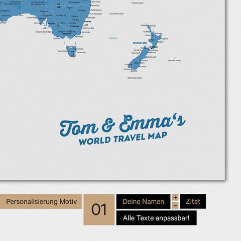 Personalized world map in blue color with your name printed on it