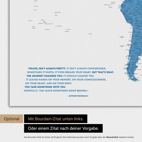 World map in blue color with a printed quote from Anthony Bourdain, which can be replaced with any other quote during personalization