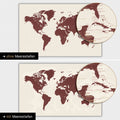 World map in Bordeaux red color with two-dimensional sea depths