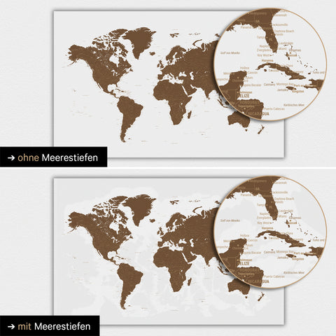 Wereldkaart in bruin met tweedimensionale zeebodemdiepte