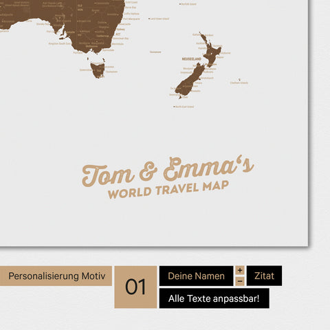 Personalized world map in brown with your name printed on it