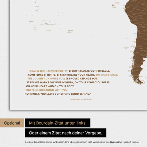 World map in brown with an embossed quote from Anthony Bourdain, which can be replaced with any other quote during personalization
