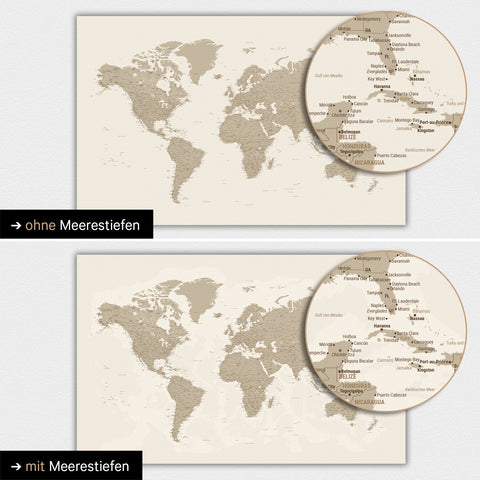 World map in Desert Sand color with two-dimensional sea depths
