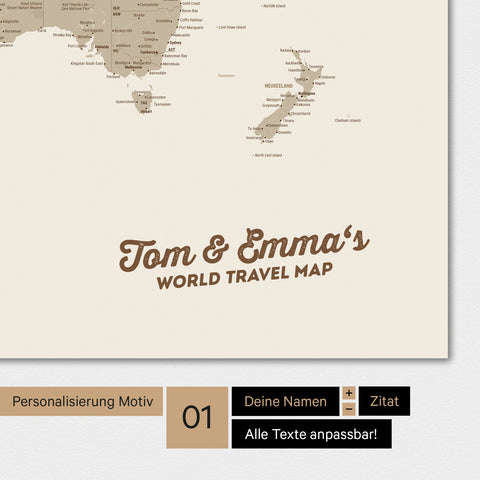 Personalized world map in Desert Sand color with your name printed on it