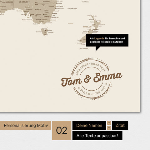 Alternative design for a personalization with your name on a world map in Desert Sand color
