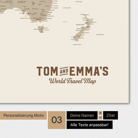 World map in Desert Sand color with a vintage logo as modern personalization