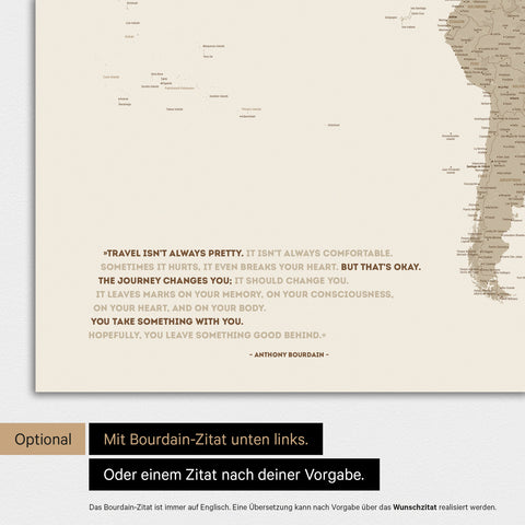 World map in Desert Sand color with an embossed quote from Anthony Bourdain, which can be replaced with any other quote during personalization