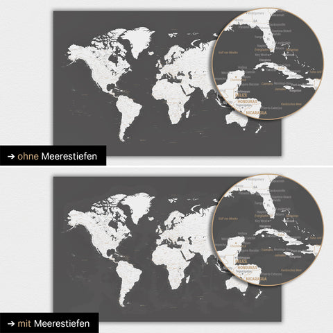 Carte du monde en couleur gris foncé avec profondeurs marines en deux dimensions