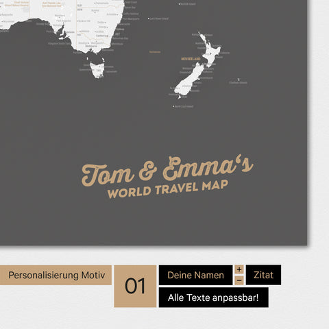 Carte du monde personnalisée en couleur gris foncé avec ton nom imprimé