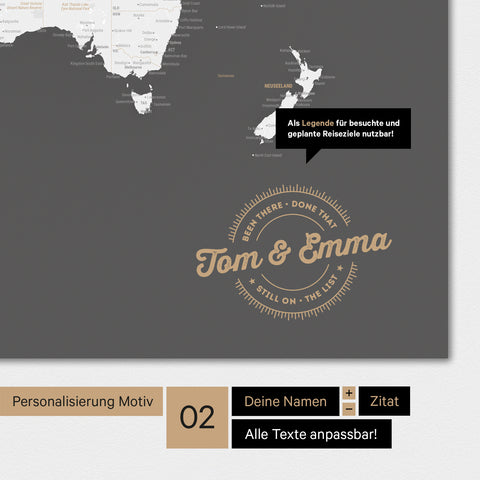 Alternatives motif pour une personnalisation avec ton nom sur une carte du monde en couleur gris foncé