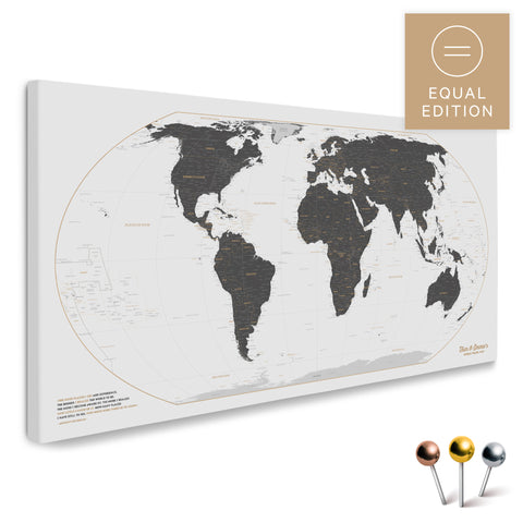 Weltkarte in der Equal-Earth-Projektion und in der Farbe Light Gray als hochwertige Pinn-Leinwand, ideal geeignet zum Markieren von Orten und Planen von Reisen