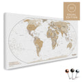 Weltkarte in der Equal-Earth-Projektion und in der Farbe Multicolor Beige als hochwertige Pinn-Leinwand, ideal geeignet zum Markieren von Orten und Planen von Reisen