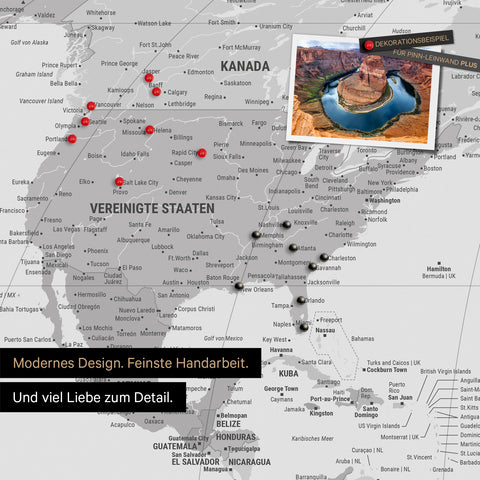 Weltkarte in der Equal-Earth-Projektion als Pinnwand in der Farbe  Multicolor Gray, auf der Reiseziele in den USA und Kanada mit Pins markiert sind