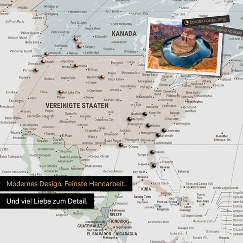 Weltkarte in der Equal-Earth-Projektion als Pinnwand in der Farbe  Multicolor Light, auf der Reiseziele in den USA und Kanada mit Pins markiert sind