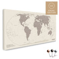 Weltkarte in der Equal-Earth-Projektion und in der Farbe Warmgray (Braun-Grau) als hochwertige Pinn-Leinwand, ideal geeignet zum Markieren von Orten und Planen von Reisen