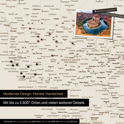 Detailweergave van de wereldkaart FINELINE als prikbord in de kleur Desert Sand met gemarkeerde reisbestemmingen in de VS, Canada en Mexico