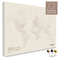 Wereldkaart FINELINE als prikborddoek in Desert Sand met fijn, minimalistisch outline-ontwerp om reizen te markeren en plannen