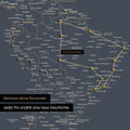 Detailed view of the FINELINE world map pinboard canvas in Hale Navy color with marked travel route and pins in South America