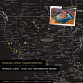Detailed view of the FINELINE world map as a pinboard in black and white with marked travel destinations in the USA, Canada, and Mexico