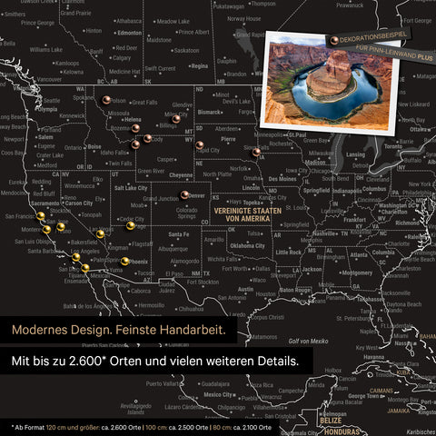 Detailed view of the FINELINE world map as a pinboard in black and white with marked travel destinations in the USA, Canada, and Mexico