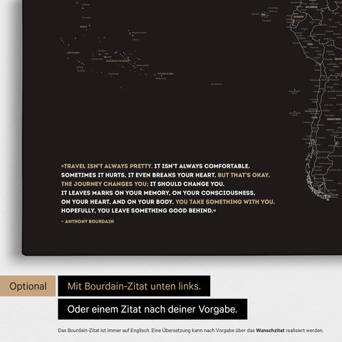World map FINELINE in black and white with a printed quote from Anthony Bourdain, which can be replaced with any other quote of your choice