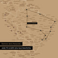 Detailed view of the FINELINE world map pinboard canvas in Treasure Gold color with marked travel route and pins in South America