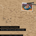 Detailed view of the FINELINE world map as a pinboard in Treasure Gold color with marked travel destinations in the USA, Canada, and Mexico