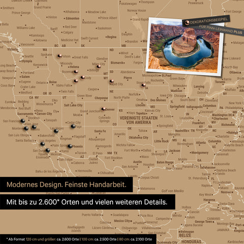 Detailed view of the FINELINE world map as a pinboard in Treasure Gold color with marked travel destinations in the USA, Canada, and Mexico