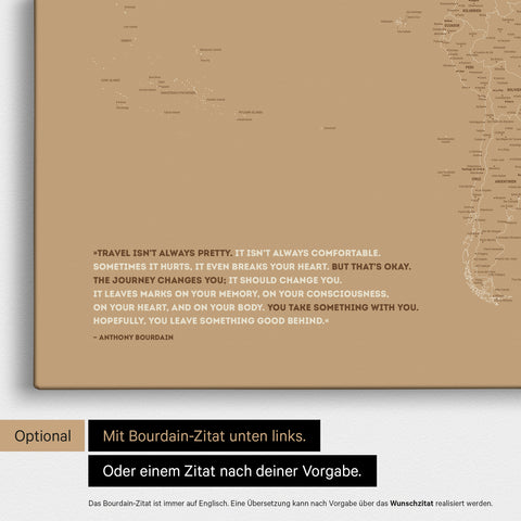 World map FINELINE in Treasure Gold with an embossed quote from Anthony Bourdain, which can be replaced with any other quote