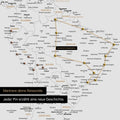 Detailed view of the FINELINE world map pinboard canvas in Light Black color with marked travel route and pins in South America