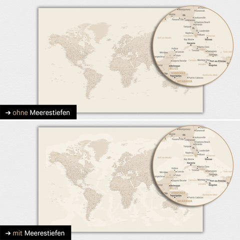 Carte du monde en couleur or avec profondeurs marines bidimensionnelles