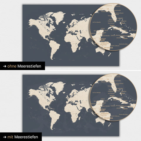 Carte du monde en couleur Hale Navy (or-bleu foncé) avec profondeurs marines bidimensionnelles