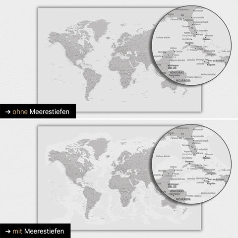 Wereldkaart in lichtgrijs met tweedimensionale zeebodemdiepte