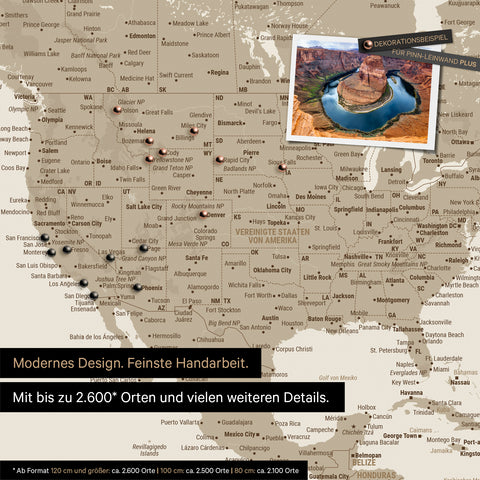 Detailreiche Weltkarte als Pinnwand in Desert Sand (Beige) zur Markierung von bis zu 2.600 Reisezielen in den USA, Kanada und Mexiko, Ideal für die visuelle Darstellung vergangener Reisen und zukünftiger Reisepläne