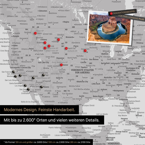 Detailreiche Weltkarte als Pinnwand in Hellgrau zur Markierung von bis zu 2.600 Reisezielen in den USA, Kanada und Mexiko, Ideal für die visuelle Darstellung vergangener Reisen und zukünftiger Reisepläne