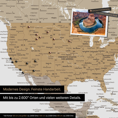 Detailreiche Weltkarte als Pinnwand in Multicolor Beige zur Markierung von bis zu 2.600 Reisezielen in den USA, Kanada und Mexiko, Ideal für die visuelle Darstellung vergangener Reisen und zukünftiger Reisepläne