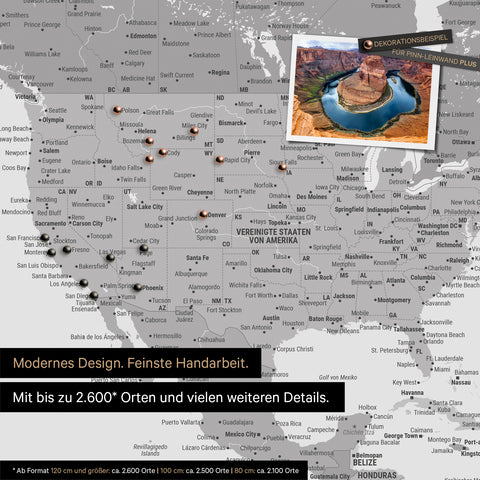 Detailreiche Weltkarte als Pinnwand in Multicolor Grau zur Markierung von bis zu 2.600 Reisezielen in den USA, Kanada und Mexiko, Ideal für die visuelle Darstellung vergangener Reisen und zukünftiger Reisepläne