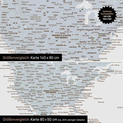 Groottevergelijking van een wereldkaart canvas in de formaten 140 x 90 cm en 80 x 50 cm