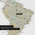 Detail van een wereldkaart als Canvas Prikbord in multicolor saliegroen met pins die een uitgestippelde reisroute in Zuid-Amerika door de landen Brazilië, Peru en Ecuador toont