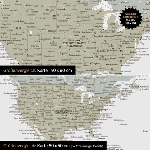 Groottevergelijking van een wereldkaart canvas in de formaten 140 x 90 cm en 80 x 50 cm